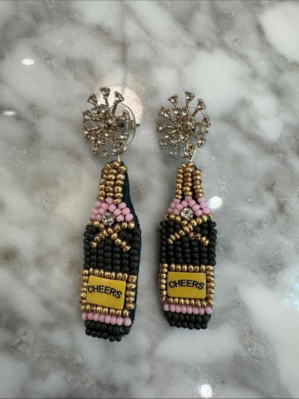 J. Crew Factory Pink, Black & Gold Beaded 'Cheers' Bottle Earrings